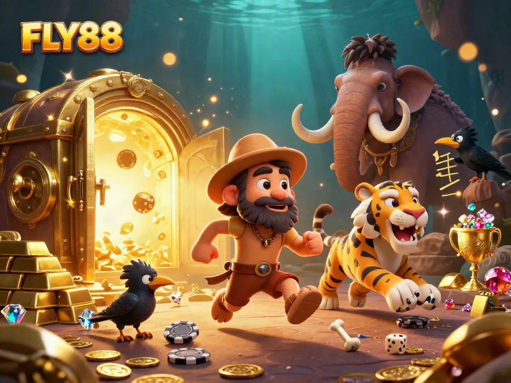 FLY88 brings thrilling prehistoric casino adventures with stone poker chips and dazzling gold treasures.