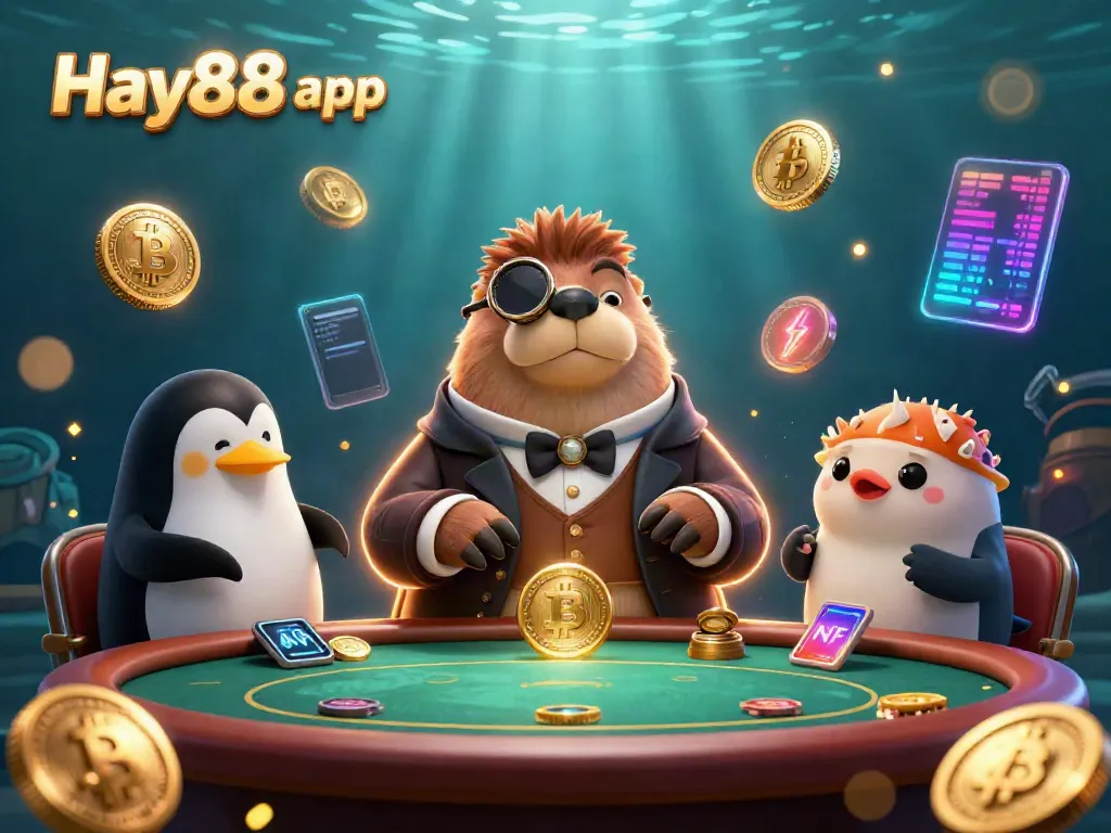 Engage with the exciting Hay88 app featuring cartoon characters playing poker underwater with neon crypto elements.