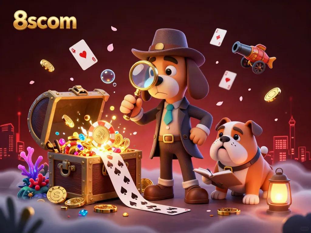 Engage in exciting casino adventures with 8scom's vibrant 3D illustration of detectives and treasures.