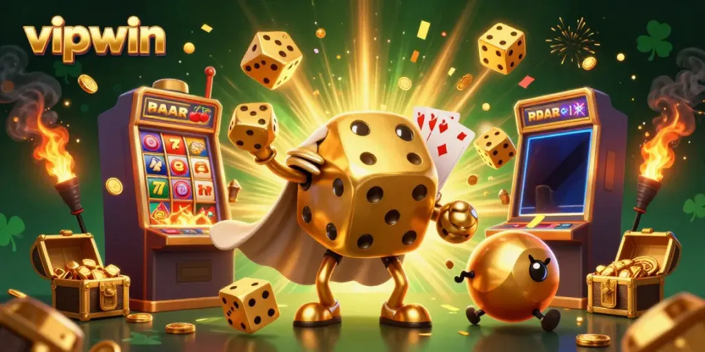Experience the excitement of vipwin with a dynamic 3D casino scene showcasing golden dice and jackpot thrills.