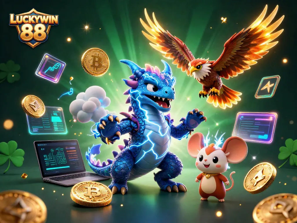 Experience LUCKYWIN 88 with dynamic characters and glowing casino games in an energetic scene.