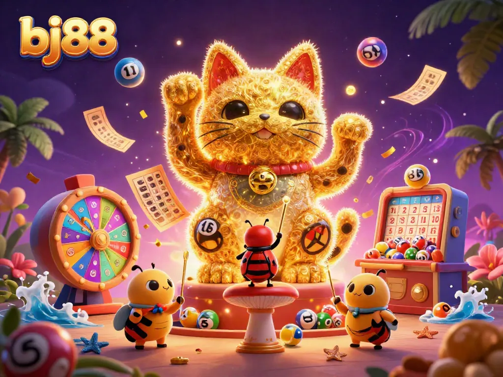 Engage in vibrant gameplay with bj88's lucky cat and dynamic casino symbols amidst a lively atmosphere.