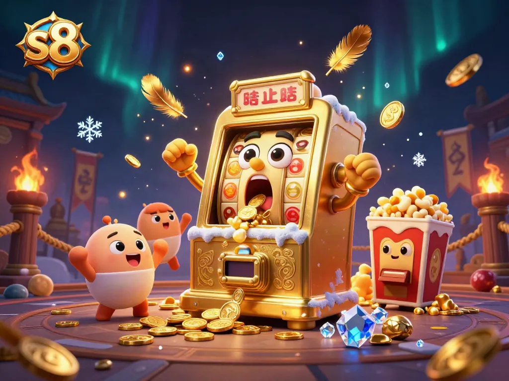 Experience thrilling wins with the s8 jackpot slot machine surrounded by cheering machines and golden coins.