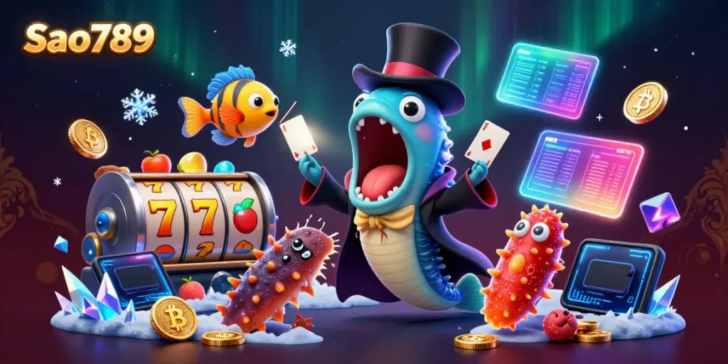 Sao789 showcases a magical casino scene with vibrant creatures performing card tricks amidst rich gaming elements.