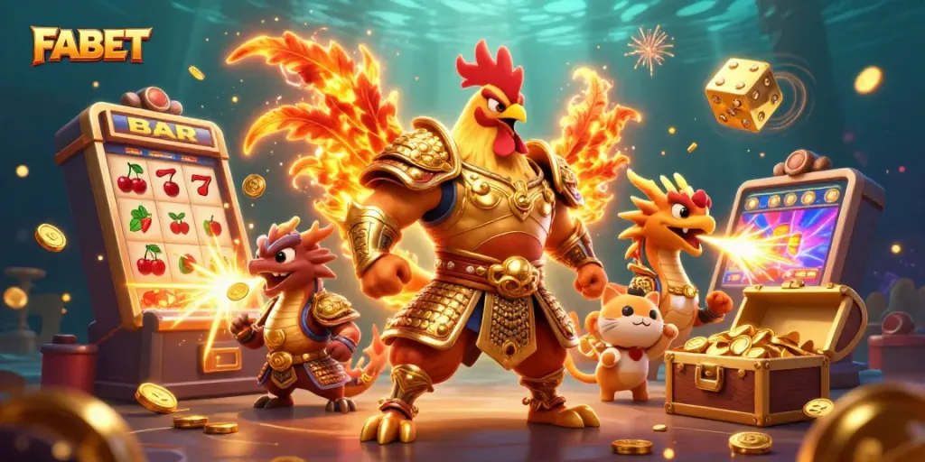 FABET unleashes excitement with a powerful rooster and dragon amidst vibrant casino chaos.