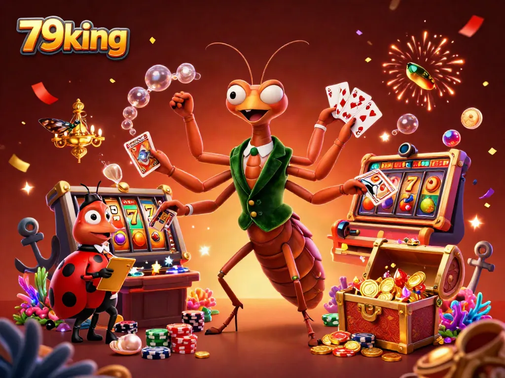 Experience the thrill of 79king with a dynamic casino illustration featuring card games and slot action.