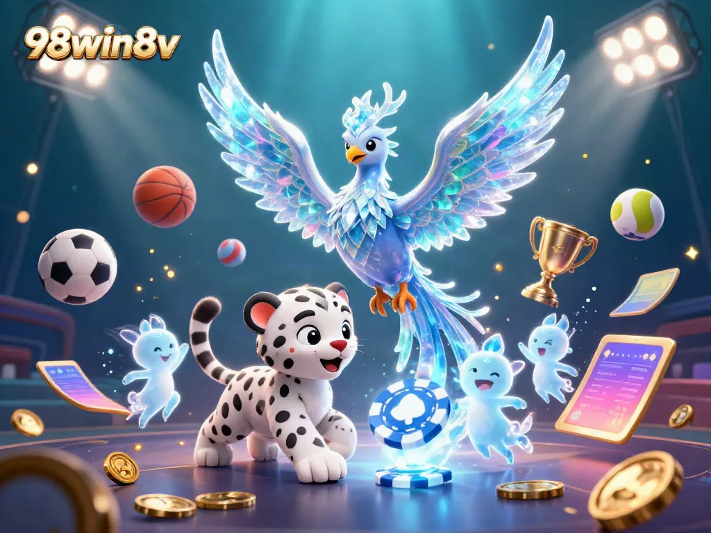 Experience the vibrant world of 98win8v, featuring a dazzling phoenix and playful sprites amidst dynamic sports elements.