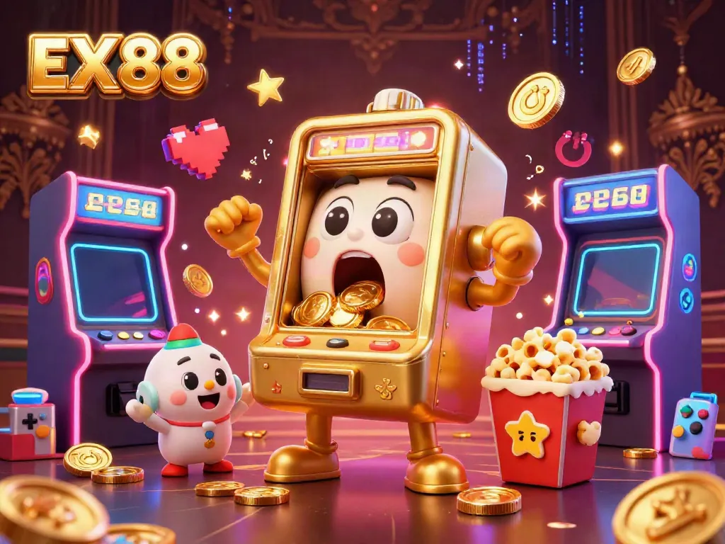 Experience the excitement of winning at EX 88 with a vibrant cartoon casino scene featuring a jackpot celebration.