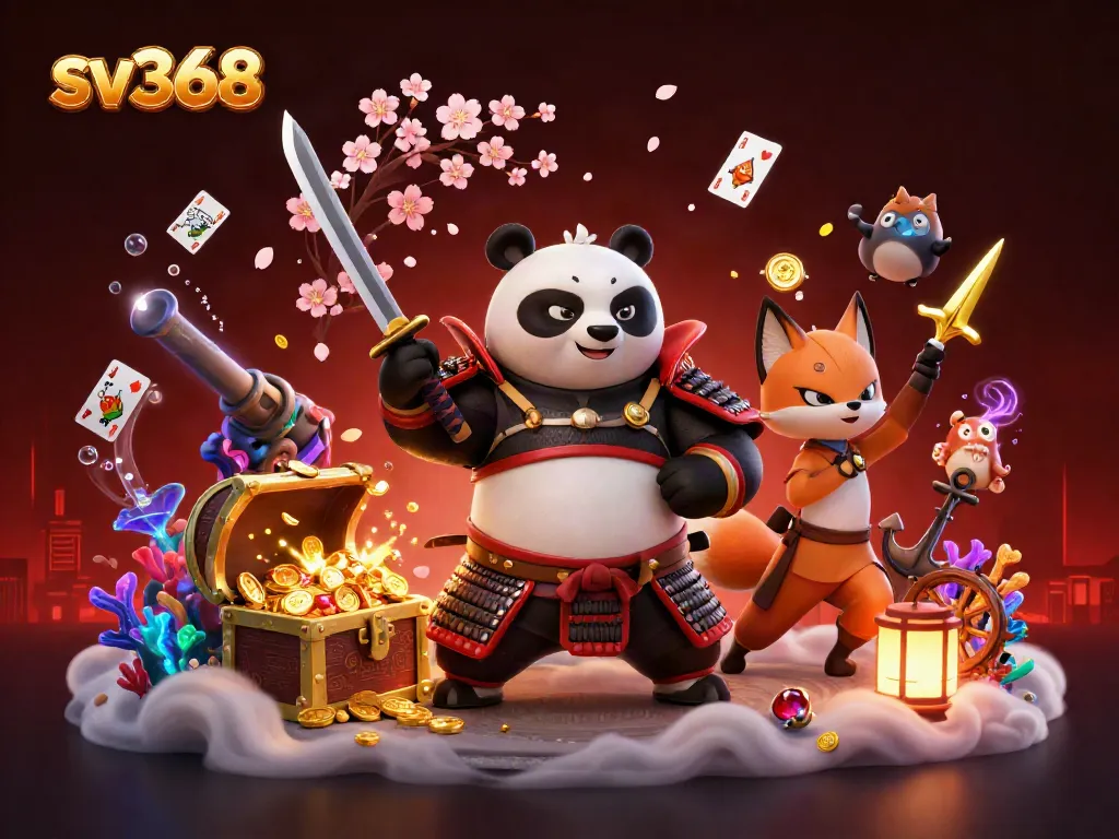 Experience thrilling moments with sv368 as the cartoon samurai panda fights alongside a ninja fox in a vibrant casino scene.