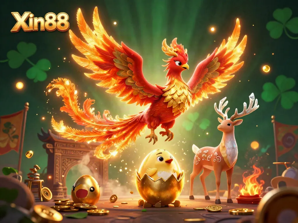 Experience excitement with Xin88 in a vivid 3D scene featuring a phoenix and a stag in a gaming atmosphere.