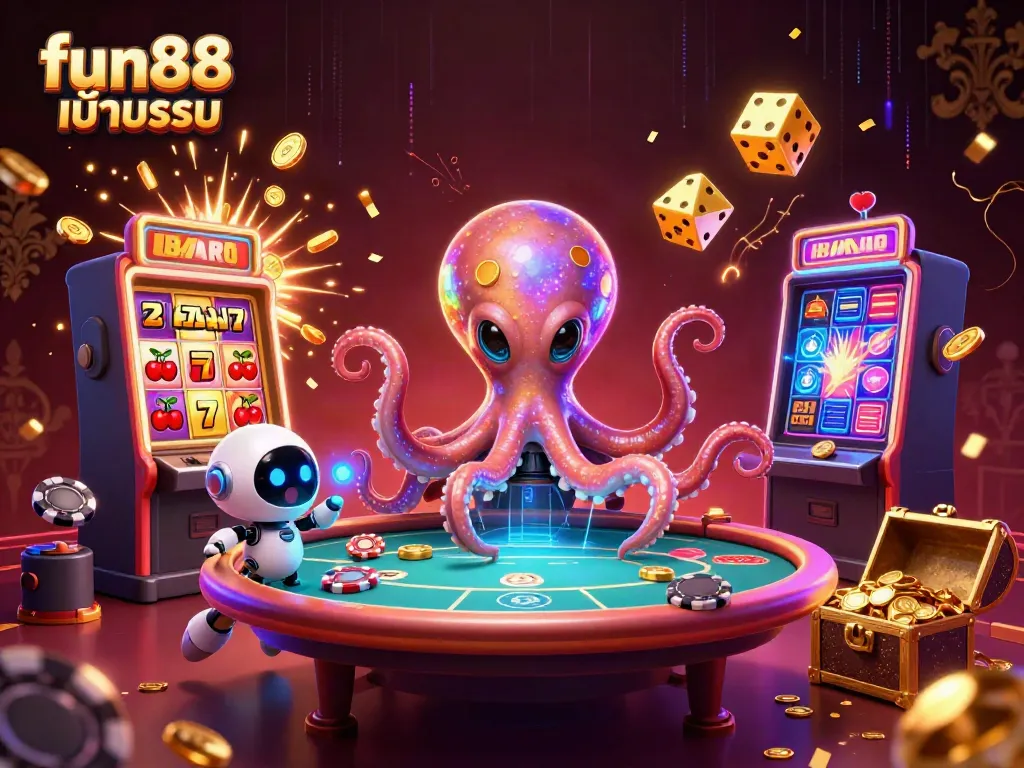 Engage with fun88 เข้าระบบ in an exciting casino scene featuring an alien octopus and its robot companion.