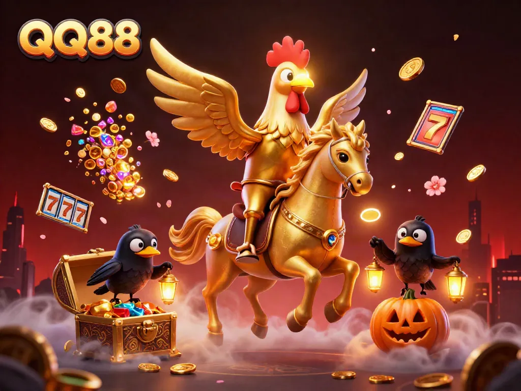 Experience the excitement of QQ88 in a vibrant casino scene filled with gold coins, slot reels, and mystical elements.