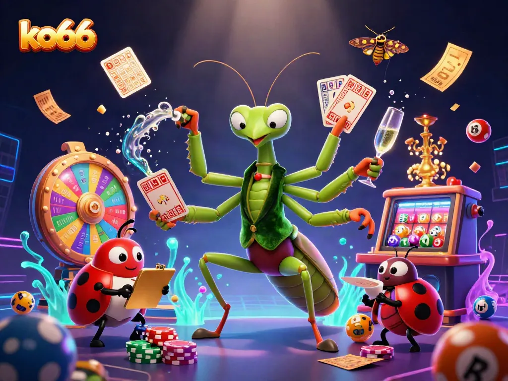 Experience excitement at ko66 as a giant praying mantis card sharp deals cards amidst a vibrant casino scene.