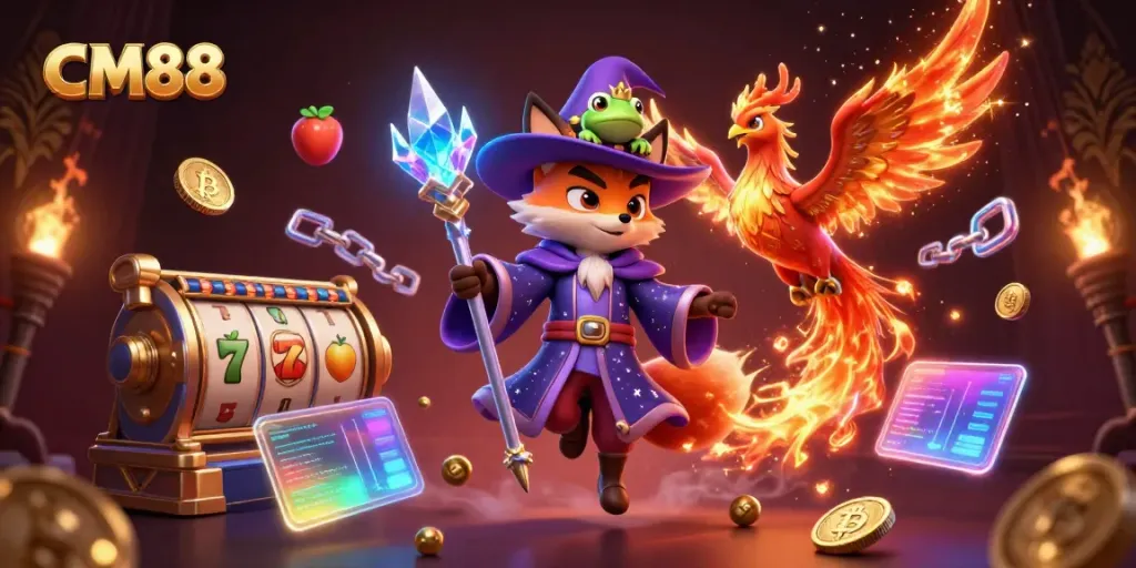 Engage with CM88's exciting online casino experience featuring mystical characters and vibrant game elements.