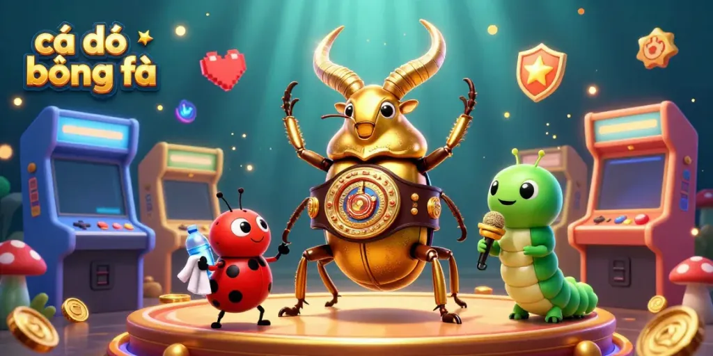 Cá độ bóng đá showcase with a giant stag beetle in a championship belt, surrounded by glowing gaming elements.