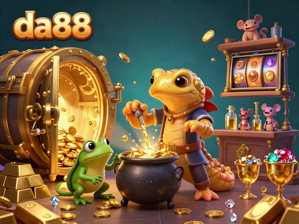 Engage with da88's stunning online casino featuring enchanting characters and dynamic gold elements.