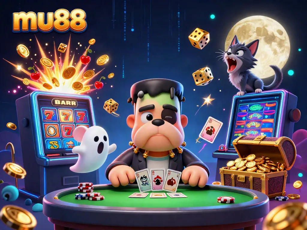 Experience the thrill of mu88 with an exciting 3D illustration of casino-themed characters and elements.