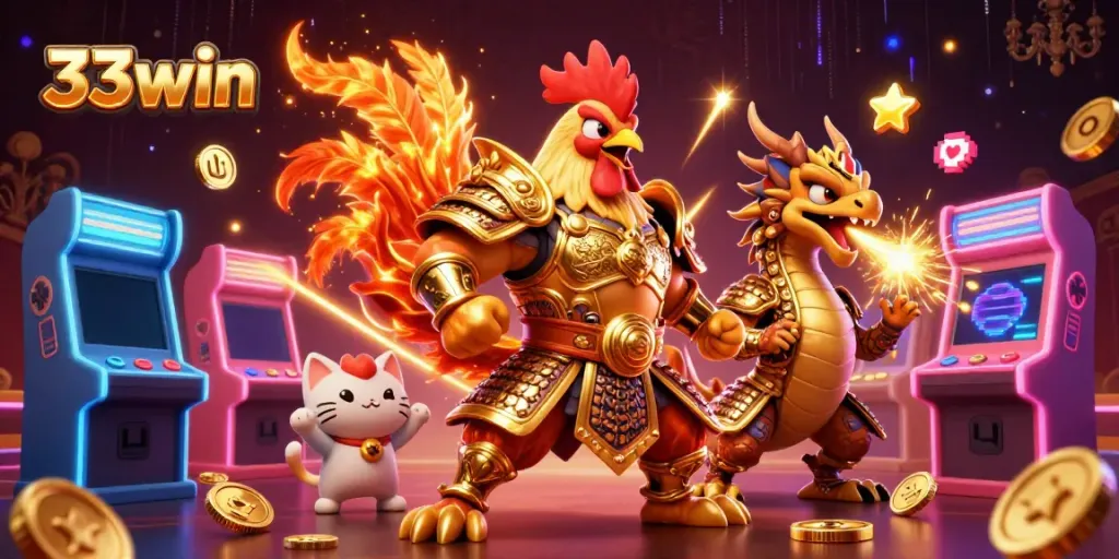 Experience thrilling gameplay with 33win's vibrant arcade scene showcasing adventurous characters and casino elements.