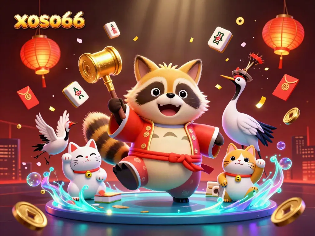 Xoso66 instantly engages players with vibrant visuals of a cheerful tanuki and lucky symbols in a casino-themed scene.