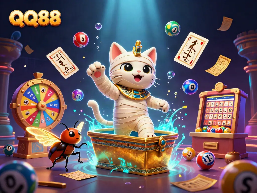 Experience the thrill of QQ88's vibrant gambling adventure with Egyptian-style characters and casino elements.
