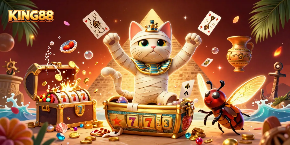 Experience KING88 with a vibrant casino scene featuring a mummy cat and golden scarab, bursting with excitement.