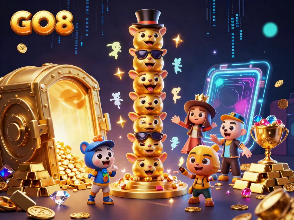 Experience the thrill of GO8 with vibrant 3D casino elements and a golden totem, surrounded by dazzling jewels.