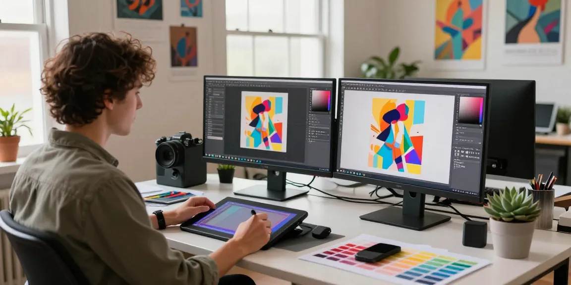 Artist utilizing image to image ai technology in a vibrant creative studio.