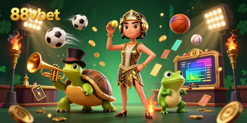 Experience thrilling moments with 88vbet, featuring vibrant characters and dynamic sports elements in a lively casino scene.