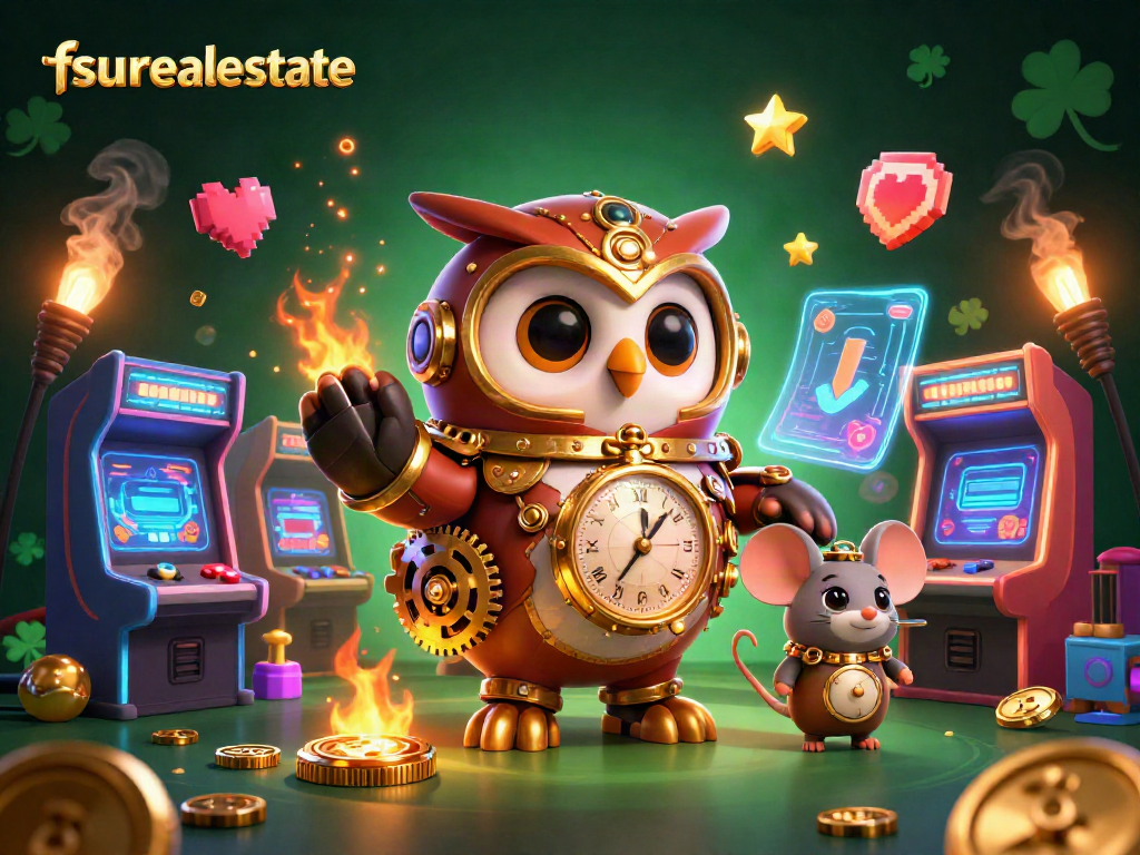 Experience fsurealestate gaming excitement with a 3D owl in a steampunk casino scene.
