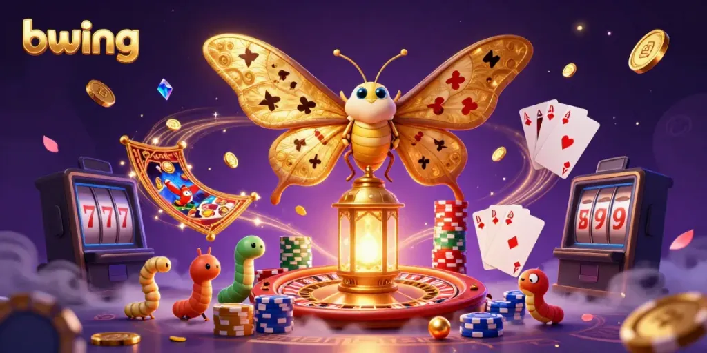 Bwing elevates the casino experience with vibrant moths and golden elements in a stunning gambling scene.