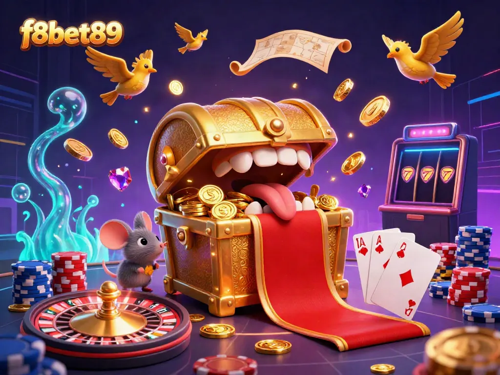 Engage with f8bet89's colorful casino adventure featuring exciting treasures, rich visuals, and animated gaming elements.
