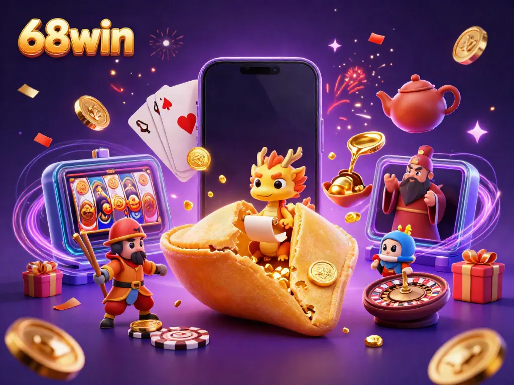 Engage in thrilling gaming with 68win, featuring a magical scene of a fortune cookie and dynamic casino elements.