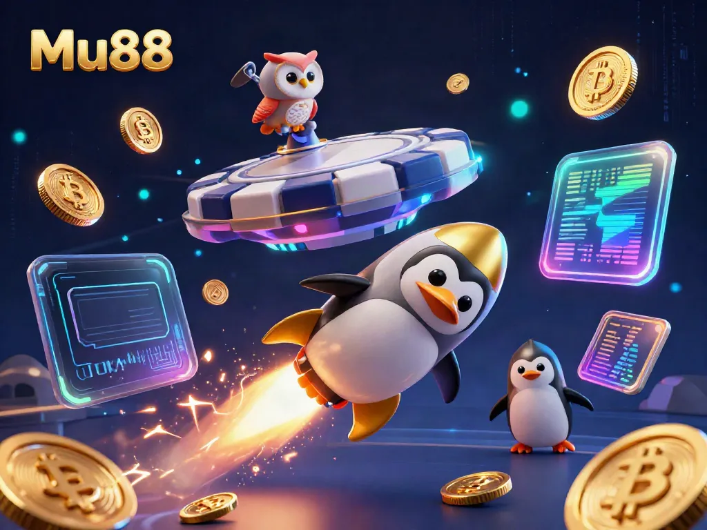 Experience thrilling games at Mu88 with a golden penguin zooming toward a poker chip casino.