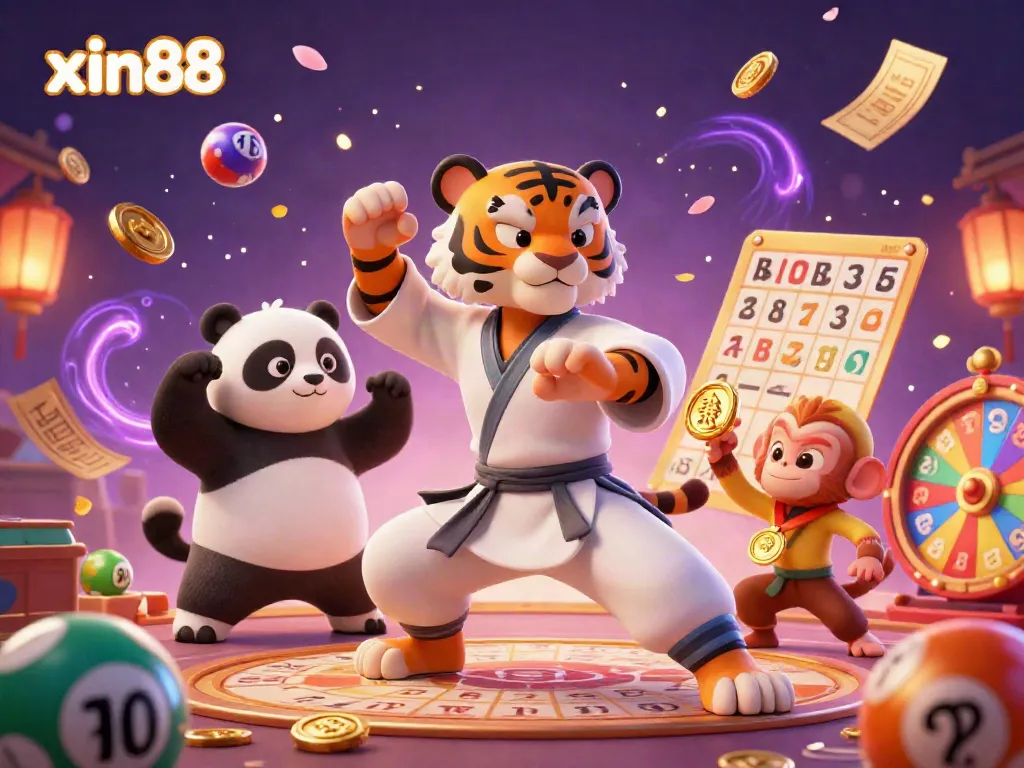 Engage with the vibrant gambling world of xin88 featuring lively characters among floating lottery balls and prize wheel.