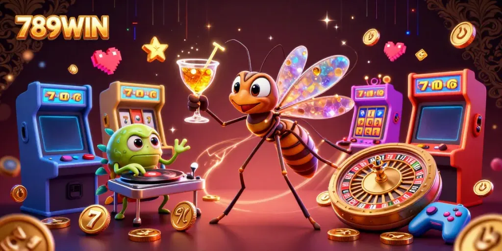 Experience the thrilling world of 789WIN with a vibrant casino scene featuring a unique mascot and gaming elements.