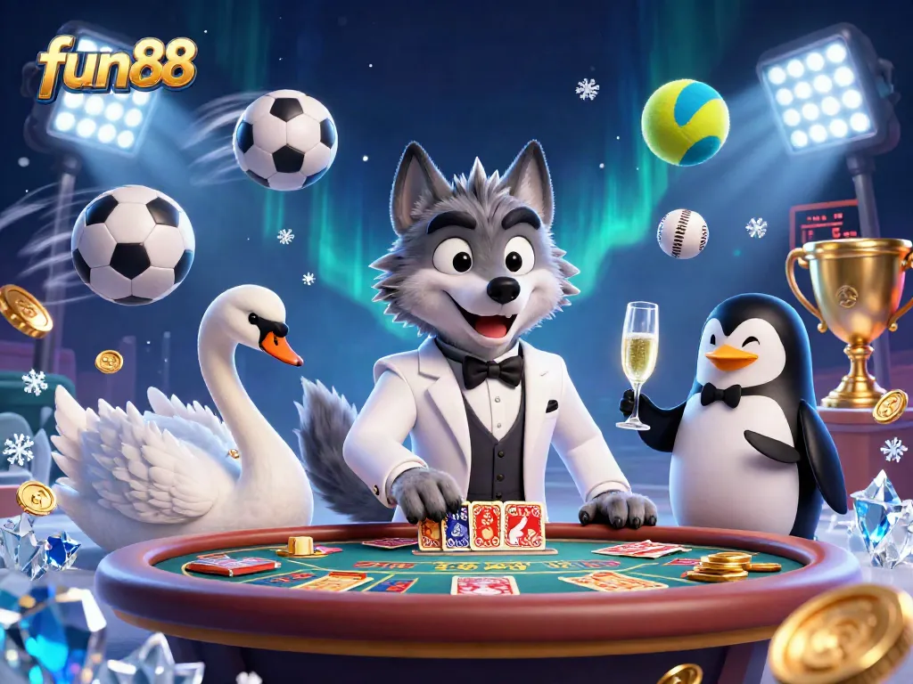 fun88's dynamic casino scene with cartoon characters at the baccarat table and sports elements