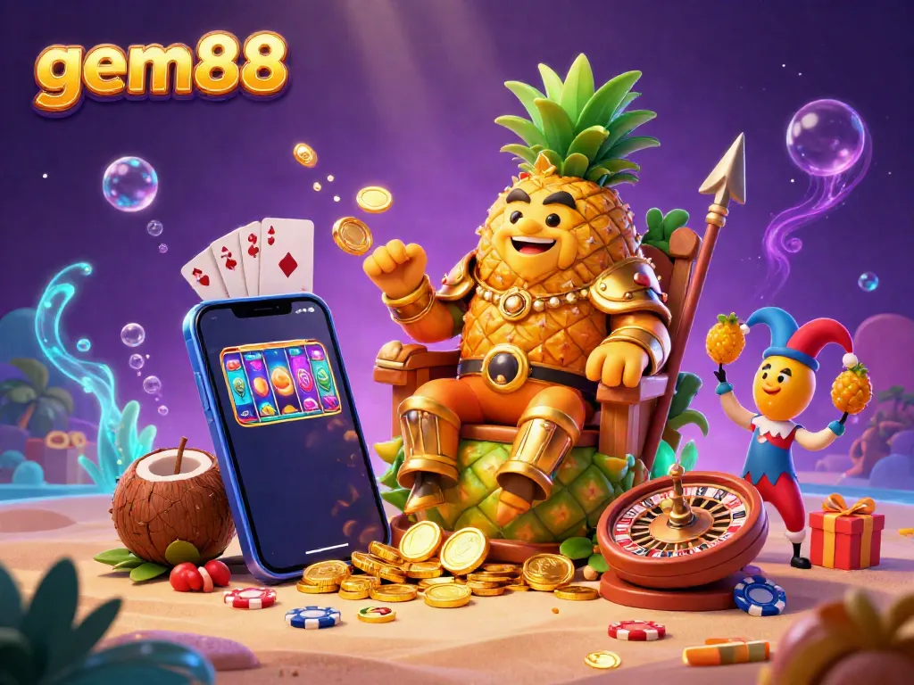 Experience the excitement of gem88 with a vibrant casino scene featuring a golden pineapple king, jester, and dynamic game elements.