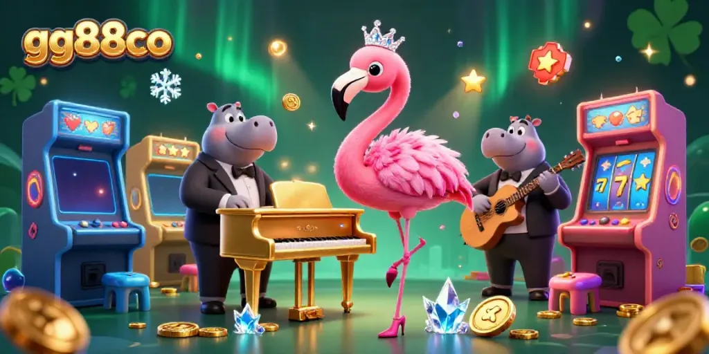 Experience the vibrant world of gg88co with a lively casino scene featuring a flamboyant flamingo singer and a stylish hippo bassist.