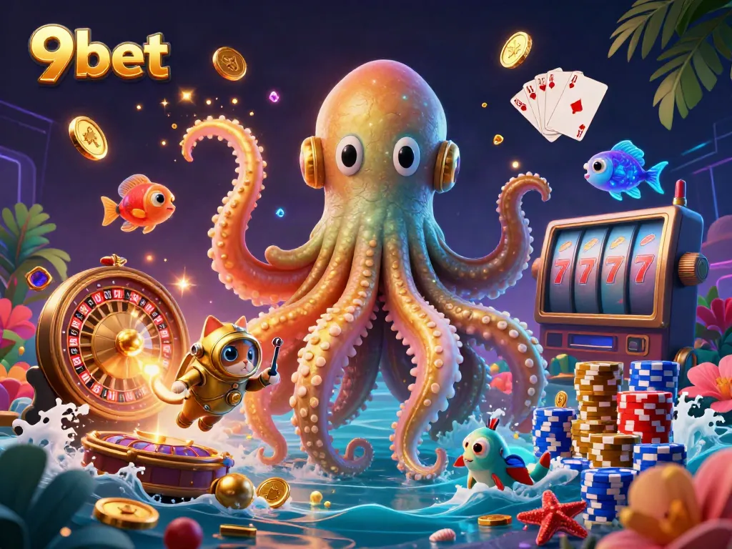 Experience thrilling wins at 9bet with a vibrant underwater casino display featuring a kraken and treasures.