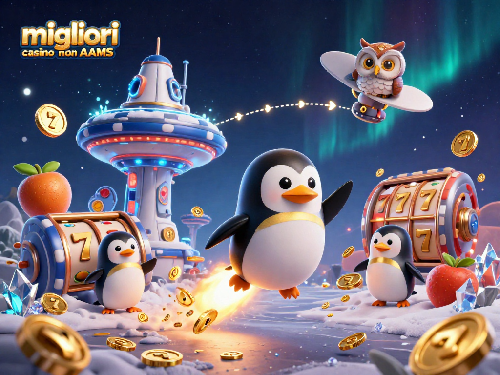 Gioca nei migliori casino non AAMS con un pinguino dorato che esplode nello spazio, circondato da simboli di gioco e trofei.