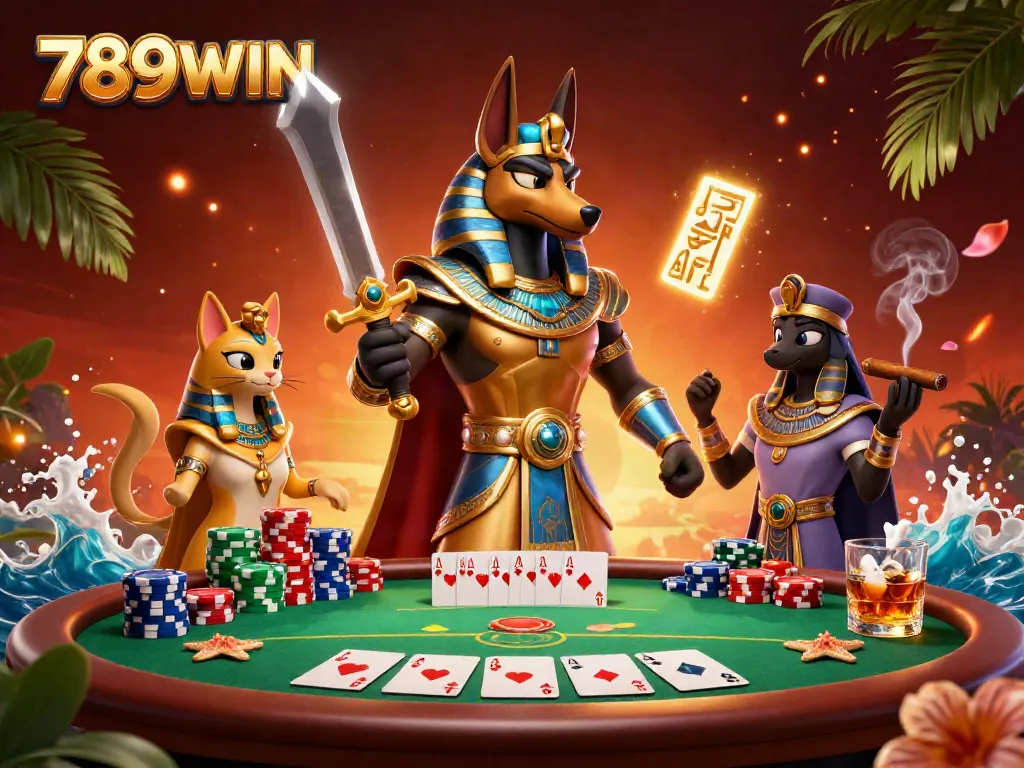 Experience the excitement of 789WIN with an enchanting 3D casino illustration featuring Anubis and Bastet surrounded by poker elements.