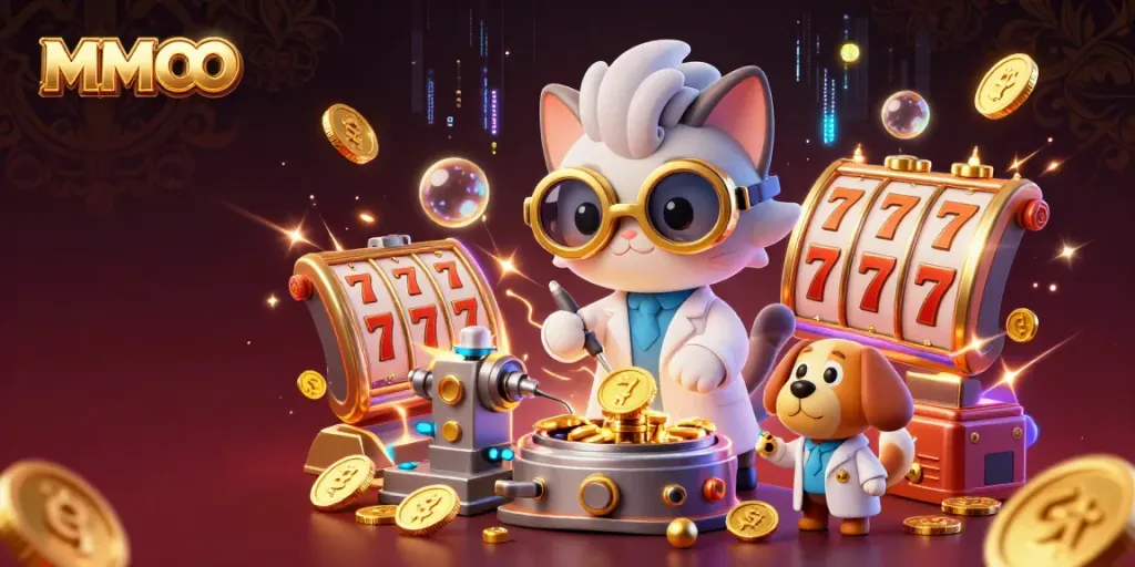 MMOO mad scientist cat alongside a dog in a vibrant casino-themed lab with gold coins flying everywhere.