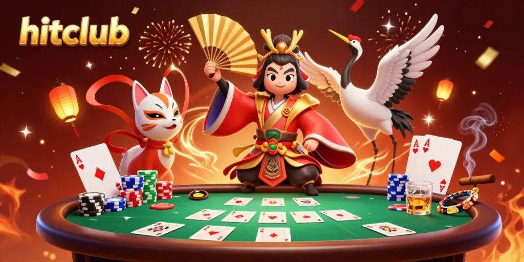 Hitclub displays a kabuki warrior and kitsune mask at a vibrant poker table.