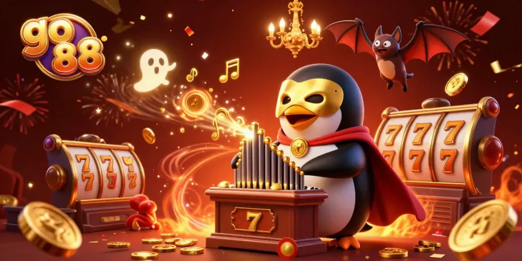 Experience the thrill of go 88 with a 3D penguin playing a golden organ enveloped by dazzling casino symbols.