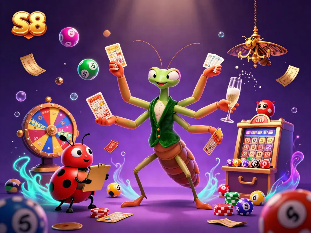 Experience vibrant gameplay with S8 where a giant mantis card sharp and a ladybug pit boss ensure thrilling wins in a lavish casino.