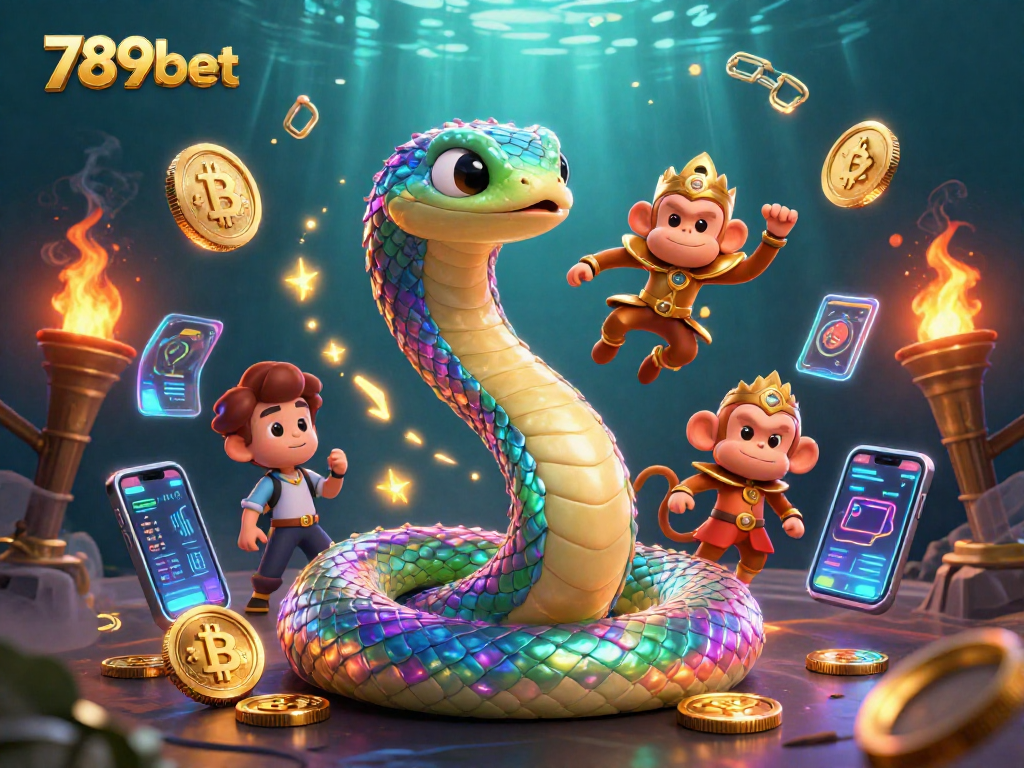 Experience thrilling wins at 789bet with vibrant graphics showcasing a rainbow serpent and crypto elements.