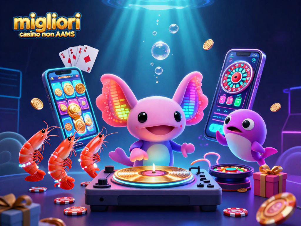 Gioca ai migliori casino non AAMS con un DJ axolotl e gamberi danzanti in un mondo sottomarino vibrante.