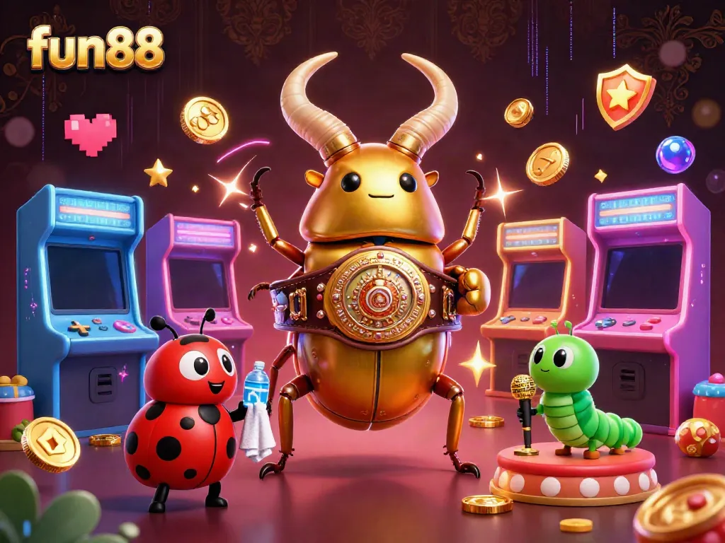 Experience exciting gameplay at fun88 with a vibrant 3D casino scene featuring unique characters and gaming elements.