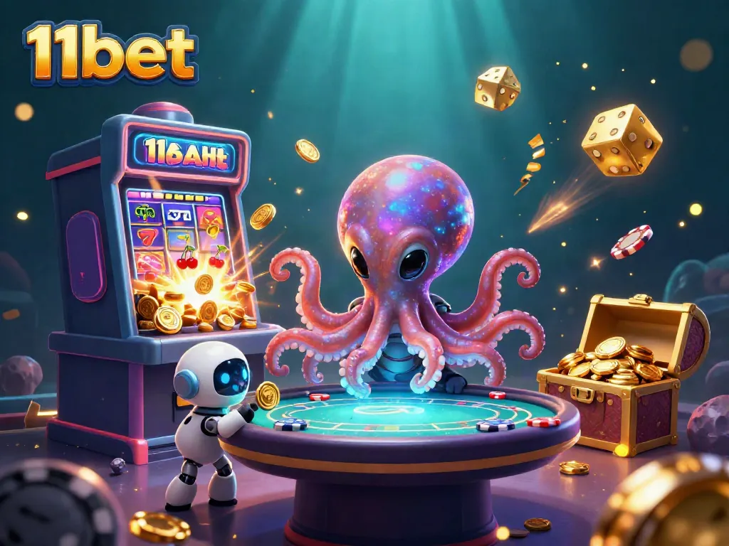 Experience excitement at 11bet with an alien octopus at a holographic poker table, jackpot thrills await!
