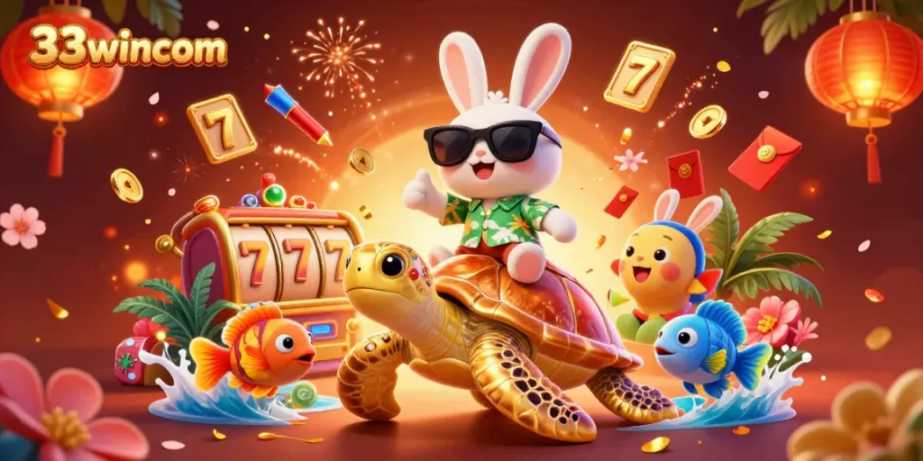 Experience winning excitement at 33wincom with the lucky rabbit and golden turtle in a vibrant casino scene.